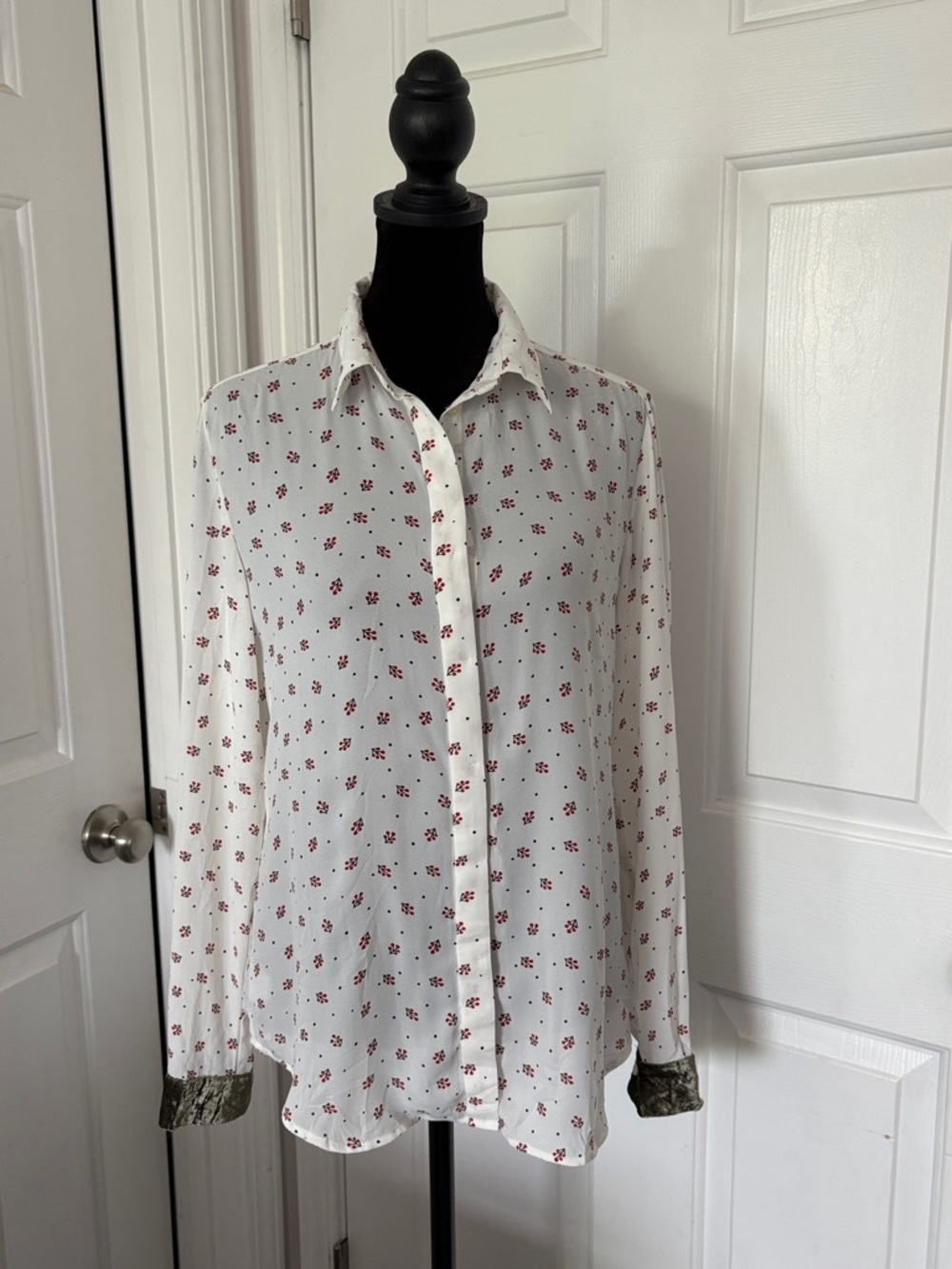 LOFT Cream Button-Up Blouse with Red Berry Print and Velvet Cuffs.